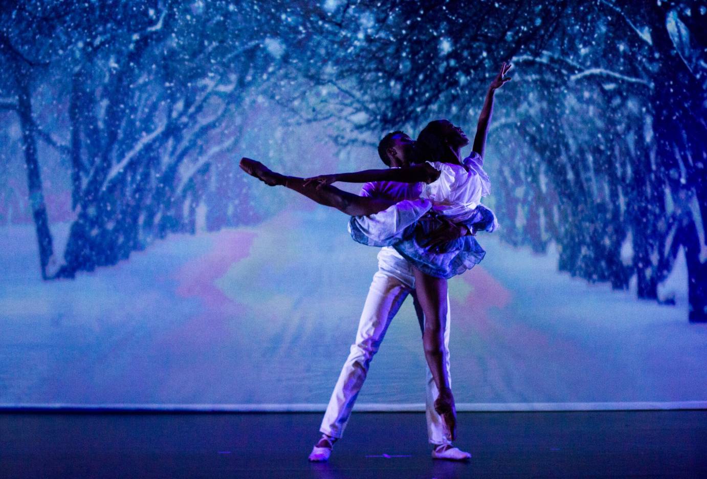 Elegant ballet couple against a snowy backdrop